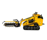 Scintex Paddock Tracked Mini Loader with diesel engine, black caterpillar tracks, hydraulic hoses, and a rotating trenching blade on the left. Compatible with various attachments. Isolated on white background.