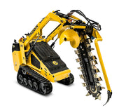 The yellow mini trencher, under the Scintex brand, is engineered for efficient trenching tasks. It includes a large digging chain and auger, features rubber tracks for mobility and incorporates hydraulic components. This machinery attachment integrates seamlessly with the Paddock Wheeled Loader - Diesel Engine to offer enhanced versatility.