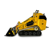 The Scintex Paddock Tracked Mini Loader with diesel engine is shown in yellow with a front bucket, rubber tracks, and visible hydraulics, highlighting outstanding attachment compatibility. Side view on white background.