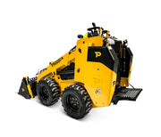 The Paddock Wheeled Loader by Scintex, featuring a diesel engine, is presented against a white background. With its compact design and large tires, this yellow loader with black accents comes equipped with various machinery attachments, making it perfect for construction and landscaping tasks.