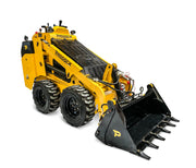 A yellow compact mini loader with black wheels and a front scoop attachment sits against a white background. Powered by a diesel engine, this loader prominently displays the brand name Scintex on its side, highlighting its excellence among machinery attachments.