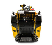 The Paddock Wheeled Loader by Scintex features a yellow and black design with a grated foot platform, dual controls, and molded plastic panels. It is engineered for handling outdoor terrain tasks such as leveling or grading. The front view highlights its controls and tread details, making it ideal for pairing with various machinery attachments.