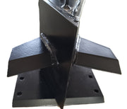 The Paddock Cross Splitter for Tractor 3pt Mount Log Splitter by Paddock is a black metal attachment with a four-way splitting blade, vertical triangular edge, stabilizing fins, and a flat base with four mounting holes, shown at an angle.