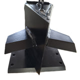 The Paddock Cross Splitter for Tractor 3pt Mount Log Splitter by Paddock is a black metal attachment with a four-way splitting blade, vertical triangular edge, stabilizing fins, and a flat base with four mounting holes, shown at an angle.