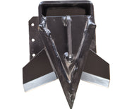 The Paddock Cross Splitter for Tractor 3pt Mount Log Splitter by Paddock is a black metal attachment with a sharp triangular point and angled side wings, shown from above against a white background.