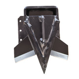 The Paddock Cross Splitter for Tractor 3pt Mount Log Splitter by Paddock is a black metal attachment with a sharp triangular point and angled side wings, shown from above against a white background.