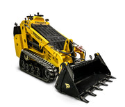 A compact yellow Scintex Paddock Tracked Mini Loader with black tracks and front bucket attachment, featuring a diesel engine and versatile compatibility with attachments, isolated on a white background.