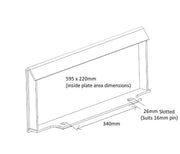 Line drawing of a Scintex Paddock Grapple Attachment license plate holder with 595 x 220mm inside plate area, 340mm base width, and a 26mm slotted hole for mini loaders using a 16mm pin.