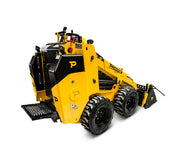 The Paddock Wheeled Loader by Scintex, featuring a diesel engine, is a yellow mini loader with large tires and a compact frame. It supports versatile machinery attachments and highlights its robust build and impressive construction capabilities when positioned at an angle.