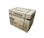 A large cardboard box labeled Paddock Diesel Inverter 5kW Generator by Paddock is secured with green plastic straps and rests on a white pallet, perfect as an emergency backup power source or reliable 5kW generator.