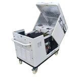 The Paddock Diesel Inverter 5kW Generator by Paddock features an open lid showing its internal components, wheels, a front handle, and side control panels—ideal for easy transport and emergency backup.