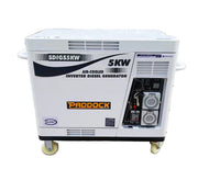 The Paddock Diesel Inverter 5kW Generator features a control panel, outlets, and wheels for mobility, with labeled controls and ventilation panels. Its sturdy design makes it ideal for emergency backup power.