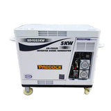 The Paddock Diesel Inverter 5kW Generator features a control panel, outlets, and wheels for mobility, with labeled controls and ventilation panels. Its sturdy design makes it ideal for emergency backup power.