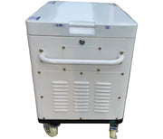 The Paddock Diesel Inverter 5kW Generator by Paddock is a white, box-shaped unit with ventilation grilles, handle, lockable lid, and four caster wheels—perfect as a portable generator for medical or laboratory use.