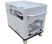 The Paddock Diesel Inverter 5kW Generator by Paddock features ventilation holes, a handle, and wheels for easy transport. Ideal for emergency backup use, it includes labeled power specs and a muffler hot warning.
