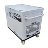 The Paddock Diesel Inverter 5kW Generator by Paddock features ventilation holes, a handle, and wheels for easy transport. Ideal for emergency backup use, it includes labeled power specs and a muffler hot warning.
