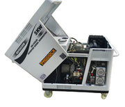 The Paddock Diesel Inverter 5kW Generator, shown with its open top lid displaying internal components and wiring, is mounted on wheels. Branded Paddock, it's ideal for emergency backup power needs.