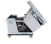 The Paddock Diesel Inverter 5kW Generator by Paddock is shown with its top lid open, exposing internal components. This emergency backup unit features four wheels for easy portability.