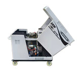 The Paddock Diesel Inverter 5kW Generator by Paddock is shown with its top lid open, exposing internal components. This emergency backup unit features four wheels for easy portability.