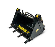 A Paddock Tracked Mini Loader with a 35hp Kubota diesel engine is shown with a free 4in1 bucket attachment featuring hydraulic hoses and yellow accents, designed for heavy machinery, all displayed on a white background.