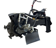 A close-up of the Paddock Swinging Stump Grinder Attachment, designed for STRKL1200 mini loaders, showing hydraulic hoses, metal fittings, and a black metal frame by Paddock, isolated on a white background.