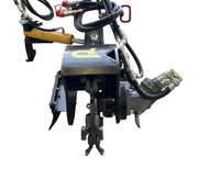 The Paddock Swinging Stump Grinder Attachment, designed for the STRKL1200 mini loader, features hydraulic hoses, metal arms, and a yellow directional arrow. This Paddock accessory is shown isolated on a white background.