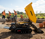 A Paddock Tracked Lifting/Tipping Power Barrow (800kg capacity) with its dump bed raised is parked on mulch in a landscaped area, while four workers in safety vests and helmets work with shovels and pavers nearby.