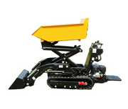 Side view of a Paddock Tracked Lifting/Tipping Power Barrow—800kg capacity—featuring black crawler tracks and raised bucket, designed for material transport and dumping on construction sites. Brand: Paddock.