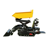 Side view of a Paddock Tracked Lifting/Tipping Power Barrow—800kg capacity—featuring black crawler tracks and raised bucket, designed for material transport and dumping on construction sites. Brand: Paddock.