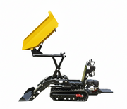 The Paddock Tracked Lifting/Tipping Power Barrow by Paddock features an 800kg capacity, raised yellow skip, black steel frame, and visible engine—ideal for transporting and unloading materials on construction sites.