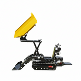 The Paddock Tracked Lifting/Tipping Power Barrow by Paddock features an 800kg capacity, raised yellow skip, black steel frame, and visible engine—ideal for transporting and unloading materials on construction sites.