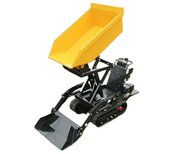 The Paddock Tracked Lifting/Tipping Power Barrow features black tracks, a raised hydraulic bed, and an 800kg capacity, making it ideal for transporting and unloading materials. Brand: Paddock.