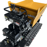 A close-up of the Paddock Tracked Lifting/Tipping Power Barrow by Paddock, featuring control levers, a visible engine, and rubber tracks. This yellow power barrow offers an 800kg capacity and is photographed against a white background.