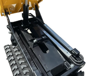 Close-up of the hydraulic lift and rubber tracks on the Paddock Tracked Lifting/Tipping Power Barrow (800kg capacity), highlighting metal components and cylinders on this Paddock mini construction vehicle.