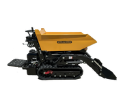 The Paddock Tracked Lifting/Tipping Power Barrow - 800kg Capacity by Paddock is yellow with a black base, rubber tracks, and an open cargo bed for materials. Shown on a white background.