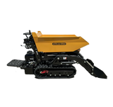 The Paddock Tracked Lifting/Tipping Power Barrow - 800kg Capacity by Paddock is yellow with a black base, rubber tracks, and an open cargo bed for materials. Shown on a white background.