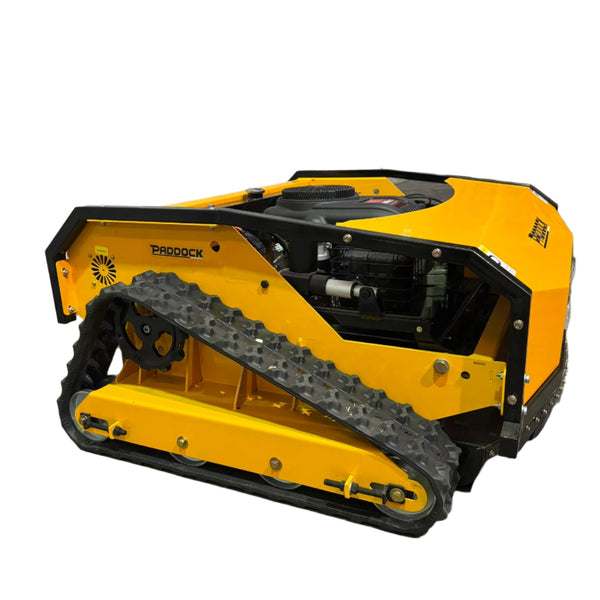 Yellow tracked robotic mower
