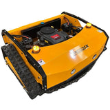 Yellow tracked lawn mowing machine with 'PADDOCK' branding.