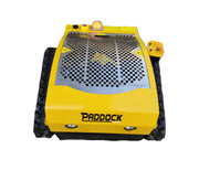 A yellow Paddock Remote Controlled Mower 7.5HP - 530mm features a vented metal cover, control panel, headlights, and emergency beacon on a white background. It's powered by a 4-stroke petrol engine and operates via track drive.