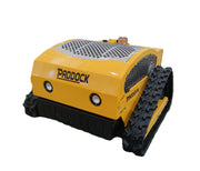 A yellow Paddock Remote Controlled Mower 7.5HP - 530mm with rugged tracks, headlights, and a vented top. Featuring a powerful 4-stroke petrol engine, this mower is ideal for landscaping or agricultural use. Shown on a white background.