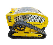 The Paddock Remote Controlled Mower 7.5HP - 530mm features a yellow design, perforated metal cover, black rubber tracks, and convenient top-left controls, ensuring robust performance in tough environments.
