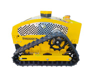 The Paddock Remote Controlled Mower 7.5HP - 530mm features a bright yellow body, black caterpillar tracks, perforated metal cover, top control knobs, and is powered by a reliable 4-stroke petrol engine.