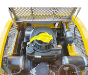 A close-up of the Paddock Remote Controlled Mower 7.5HP - 530mm shows its 4-stroke petrol engine under the yellow hood, with a warning label stating “DO NOT RUN ENGINE WITHOUT OIL” and various components and wires visible.