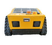 The Paddock Remote Controlled Mower 7.5HP - 530mm by Paddock is a compact, yellow tracked vehicle with perforated metal panels, control buttons, indicator lights, and rugged black treads for advanced mowing functionality.