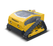 Yellow tracked radio controlled 530mm mower with 'Paddock' branding 