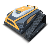 The Paddock™ Remote Controlled Mower 3kW Full Electric - 585mm by Paddock is a black and yellow robotic mower featuring tank-like treads, angled edges, a vented side panel, and a lightning bolt symbol on top. Powered by a lithium iron phosphate battery, it is designed for outdoor or rough terrain use.