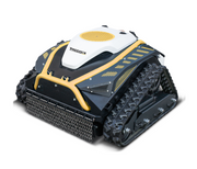 A black and yellow tracked robotic mower with a white top, labeled Paddock, featuring tank-like treads reminiscent of a track drive mower and a mesh brush on the front—designed for reliable performance even on challenging terrain. This is the Paddock™ Remote Controlled Mower 16HP - 740mm by Paddock.