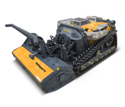 The Paddock™ Remote Controlled Mower/Slasher/Mulcher 35HP - 1150mm by Paddock is a yellow and black tracked robotic mower featuring industrial blades and visible mechanical parts, engineered for heavy-duty land clearing and vegetation management tasks.