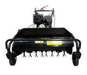 The Paddock Walk Behind Flail Mower 12HP - 900mm features a gas engine, handlebars, front caster wheels, and metal tines for optimal soil aeration—perfect for paddock mower users seeking effective vegetation control and healthier lawns.