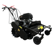 The Paddock Walk Behind Flail Mower 12HP – 900mm by Paddock features large rear wheels, red handles, and a powerful engine. Positioned on a concrete floor against a gray wall, it’s ideal for heavy-duty vegetation control.